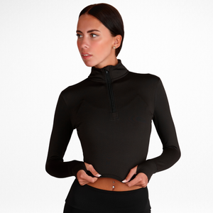 BLACK 1/2 ZIP LONG SLEEVE CROP TOP