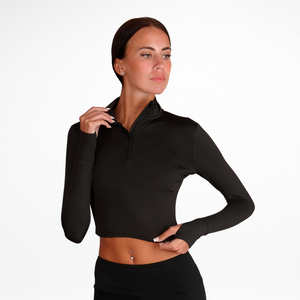 BLACK 1/2 ZIP LONG SLEEVE CROP TOP