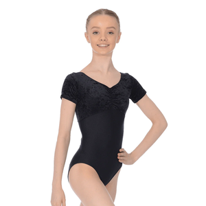 TERESA - NYLON LYCRA & VELOUR SHORT SLEEVE LEOTARD WITH A GATHERED BUSTLINE