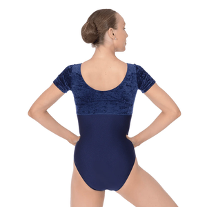 TERESA - NYLON LYCRA & VELOUR SHORT SLEEVE LEOTARD WITH A GATHERED BUSTLINE