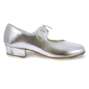 ROCH VALLEY SILVER PU LOW HEEL TAP SHOES WITH HEEL & TOE TAPS
