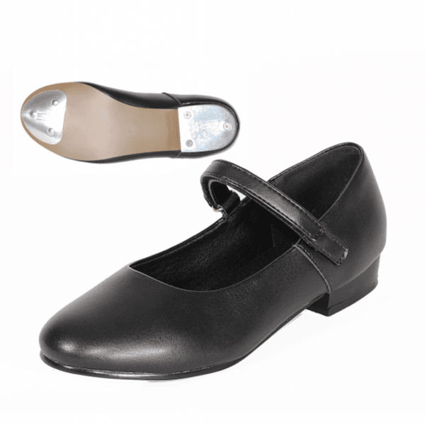 ROCH VALLEY BLACK PU VELCRO FASTENING TAP SHOES WITH FITTED HEEL AND TOE TAPS