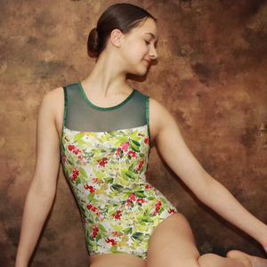 WINTERBERRY - PRINTED LYCRA SLEEVELESS LEOTARD WITH MESH PANEL & OPEN BACK